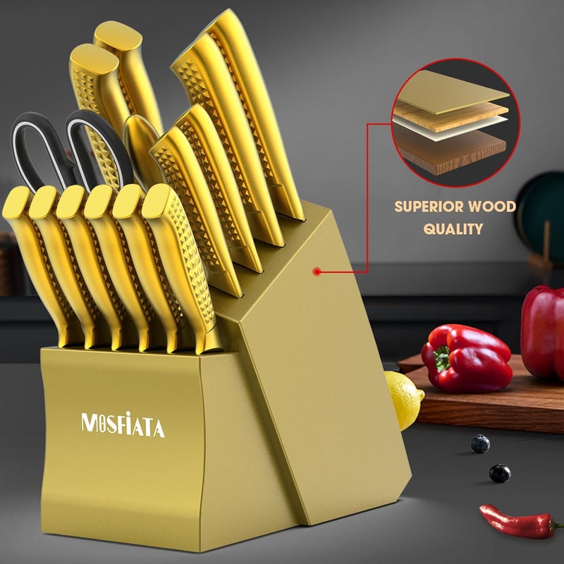 MOSFiATA Kitchen Knife Set, 17 Pcs Japanese Stainless Steel Knife Sets for Kitchen with Block with Knife Sharpening Rod, Dishwasher Safe, Gift Set,Titanium Plated Knife Block Set - Image 3